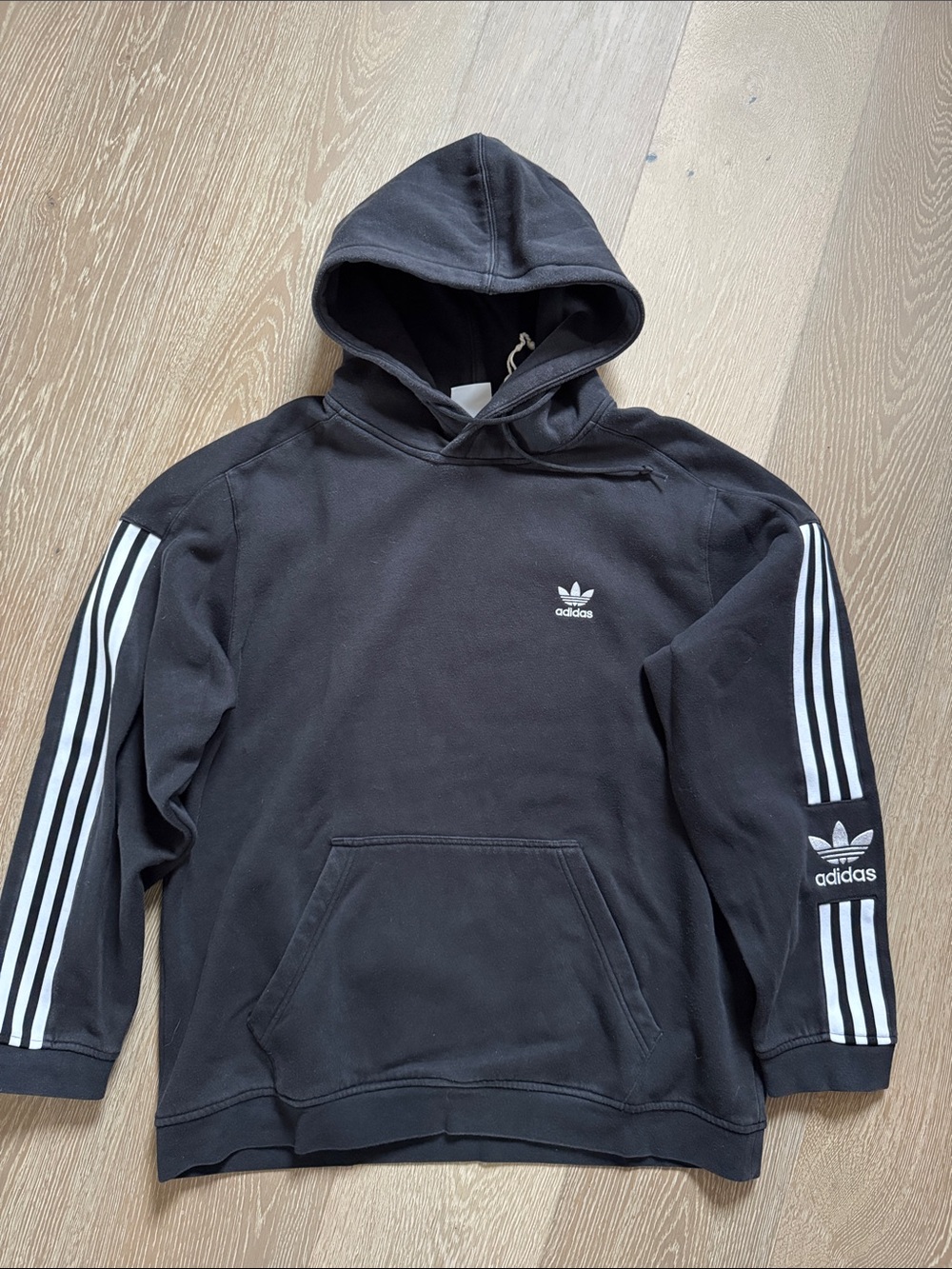 adidas Black Hoodie with White Three-Stripe Sleeves